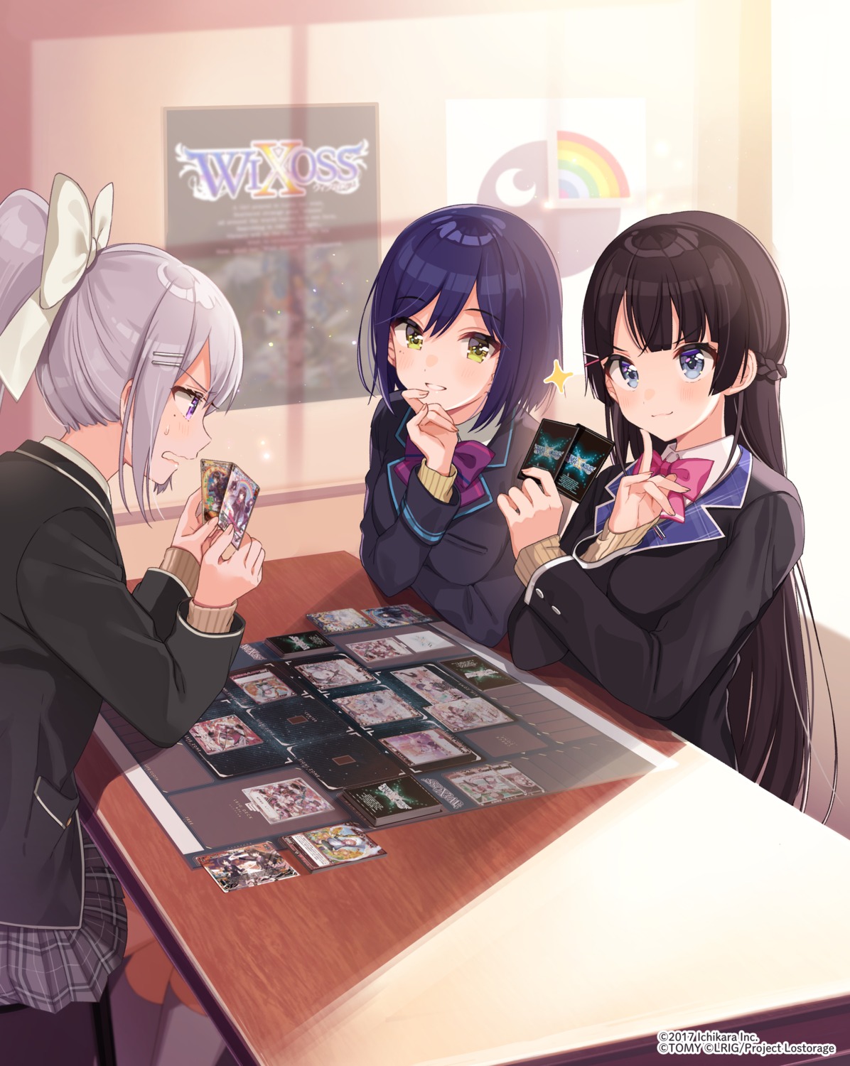 crossover, higuchi_kaede, nijisanji, seifuku, shigure_ui, shizuka_rin, sweater, tsukino_mito