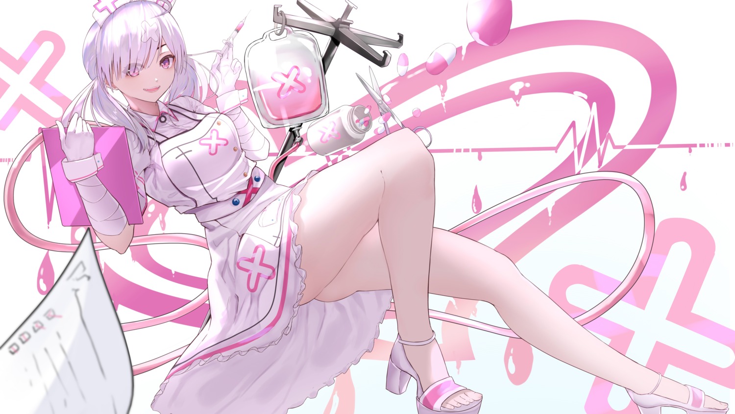 bandages, heels, nijisanji, nurse, pencamp, skirt_lift, sukoya_kana