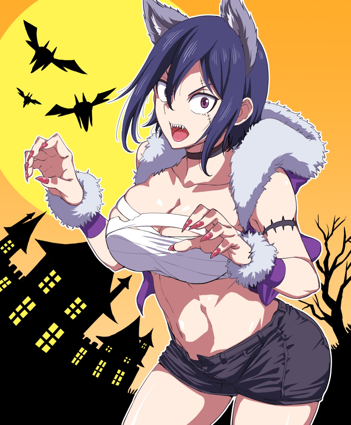 animal_ears, halloween, hitomi-chan_wa_hitomishiri, open_shirt, sarashi, takano_hitomi, tyotyotyori