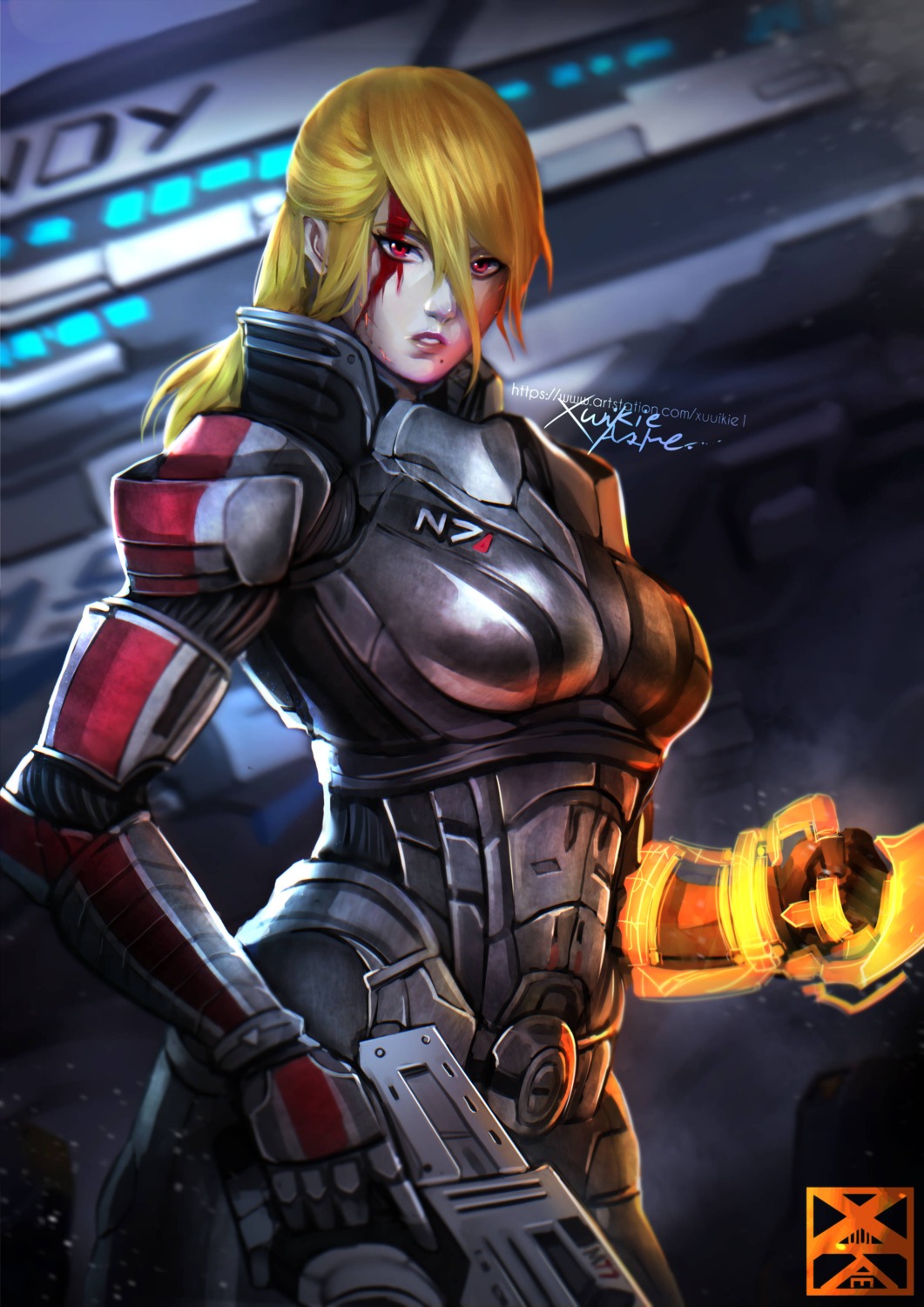 blood, bodysuit, commander_shepard_(female), cosplay, gun, mass_effect, metroid, samus_aran