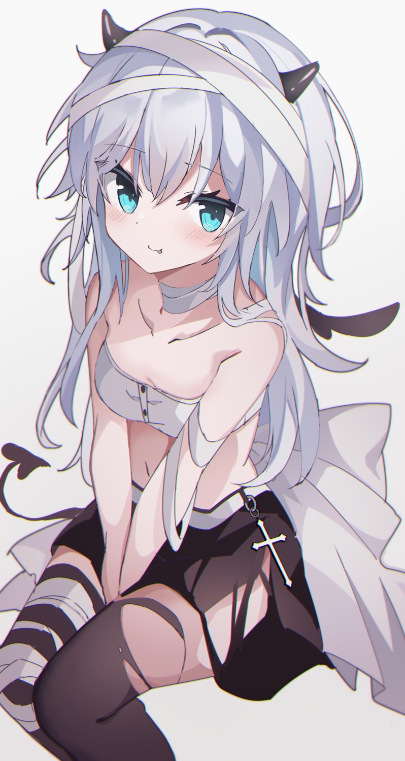 bandages, fathom, halloween, hibiki_(kancolle), horns, kantai_collection, no_bra, tail, thighhighs, torn_clothes, wings