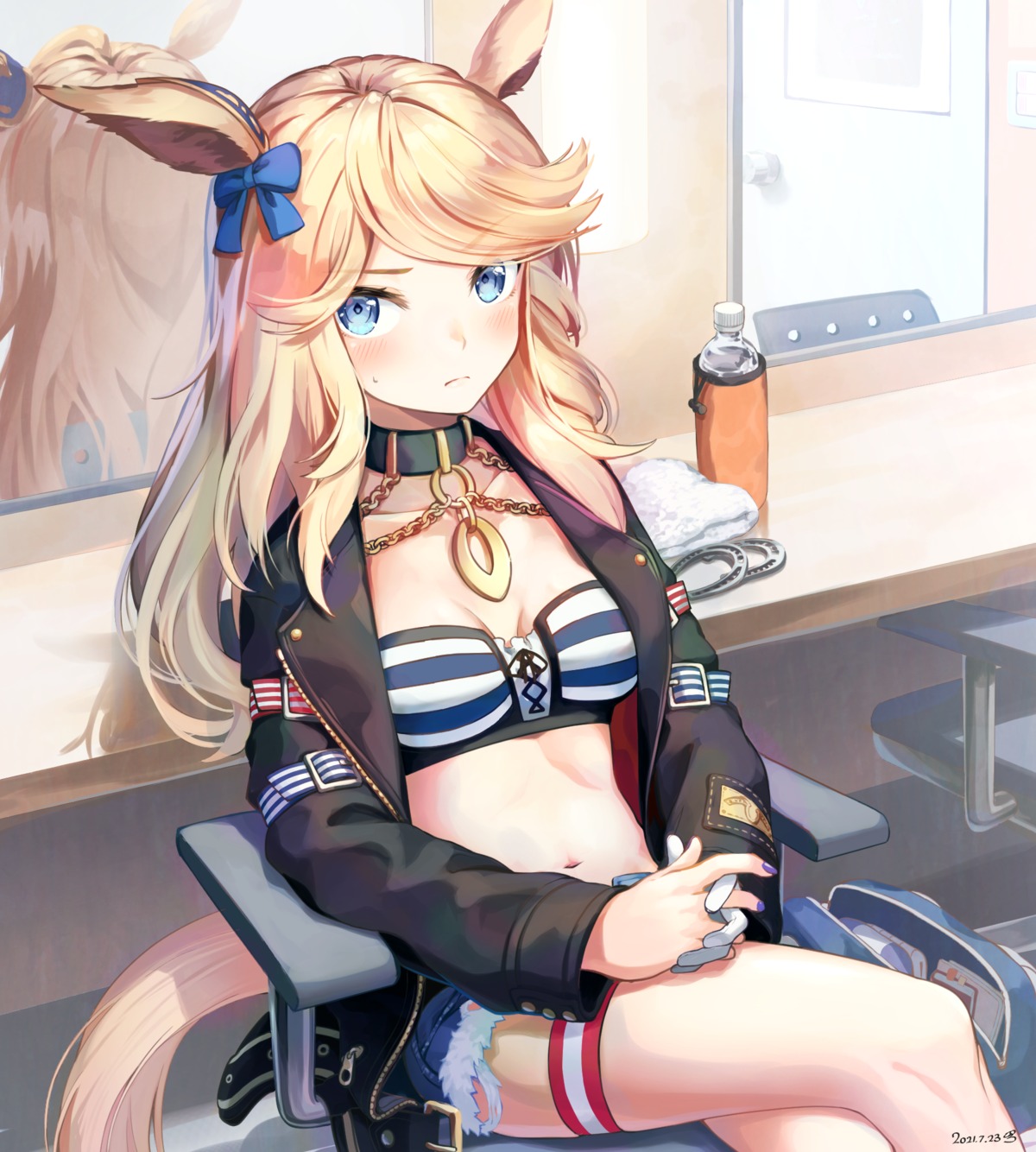 animal_ears, bra, cleavage, garter, gold_city_(umamusume), open_shirt, pi_(p77777778), tail