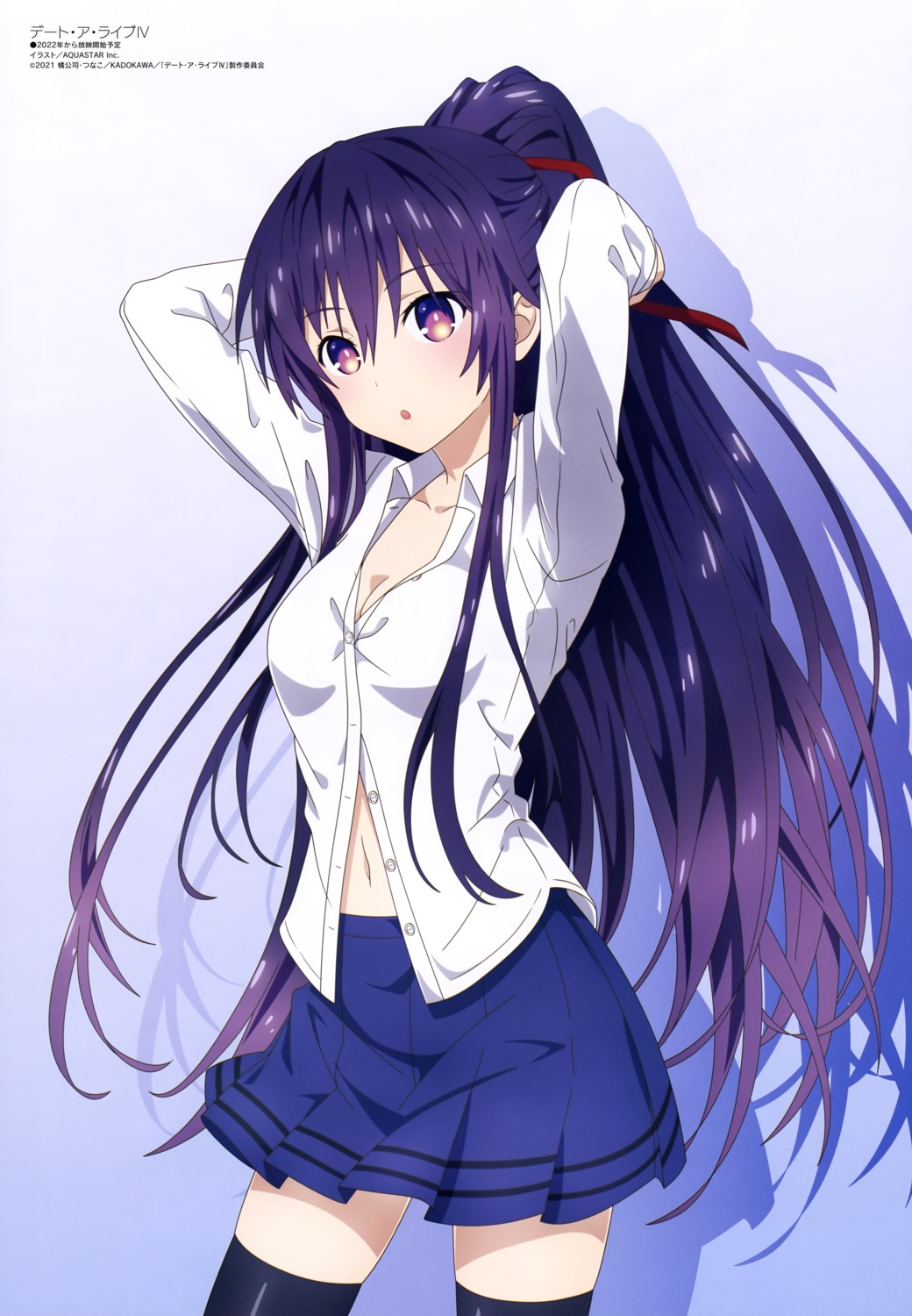 aquastar_inc., cleavage, date_a_live, open_shirt, seifuku, thighhighs, yatogami_tooka