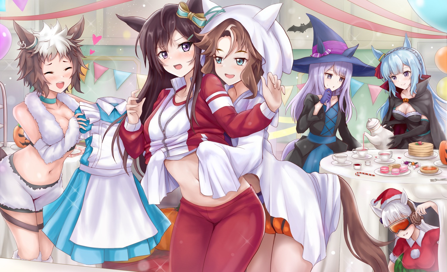 animal_ears, christmas, gold_ship_(umamusume), gym_uniform, halloween, mejiro_ardan_(umamusume), mejiro_dober_(umamusume), mejiro_mcqueen_(umamusume), mejiro_palmer_(umamusume), mejiro_ryan_(umamusume), shirt_lift, tagme, tail, uma_musume_pretty_derby, undressing, witch, yuri
