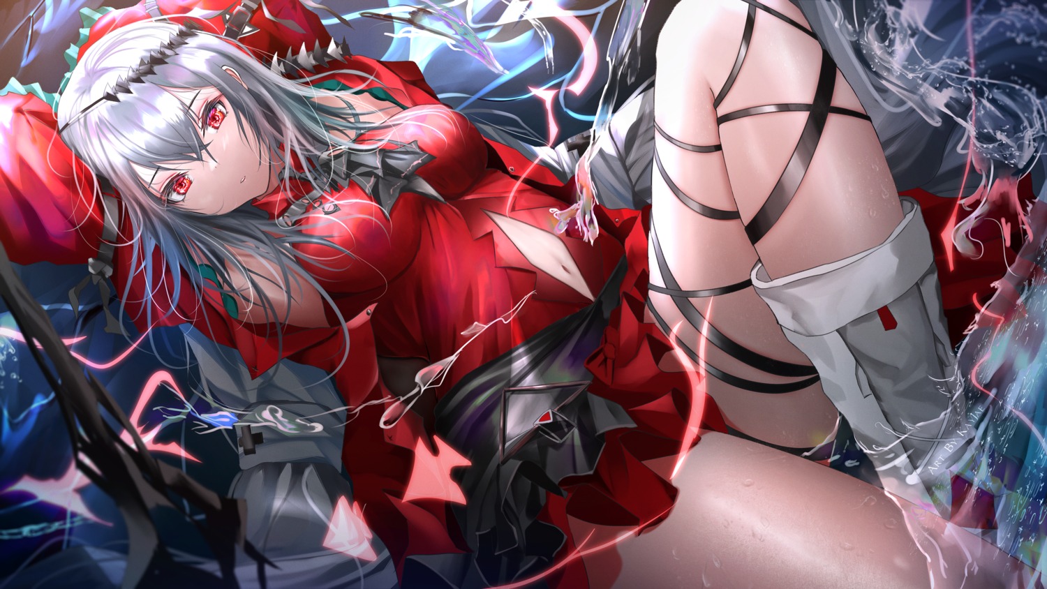 arknights, kayjae, skadi_(arknights), skirt_lift, wallpaper, weapon, wet