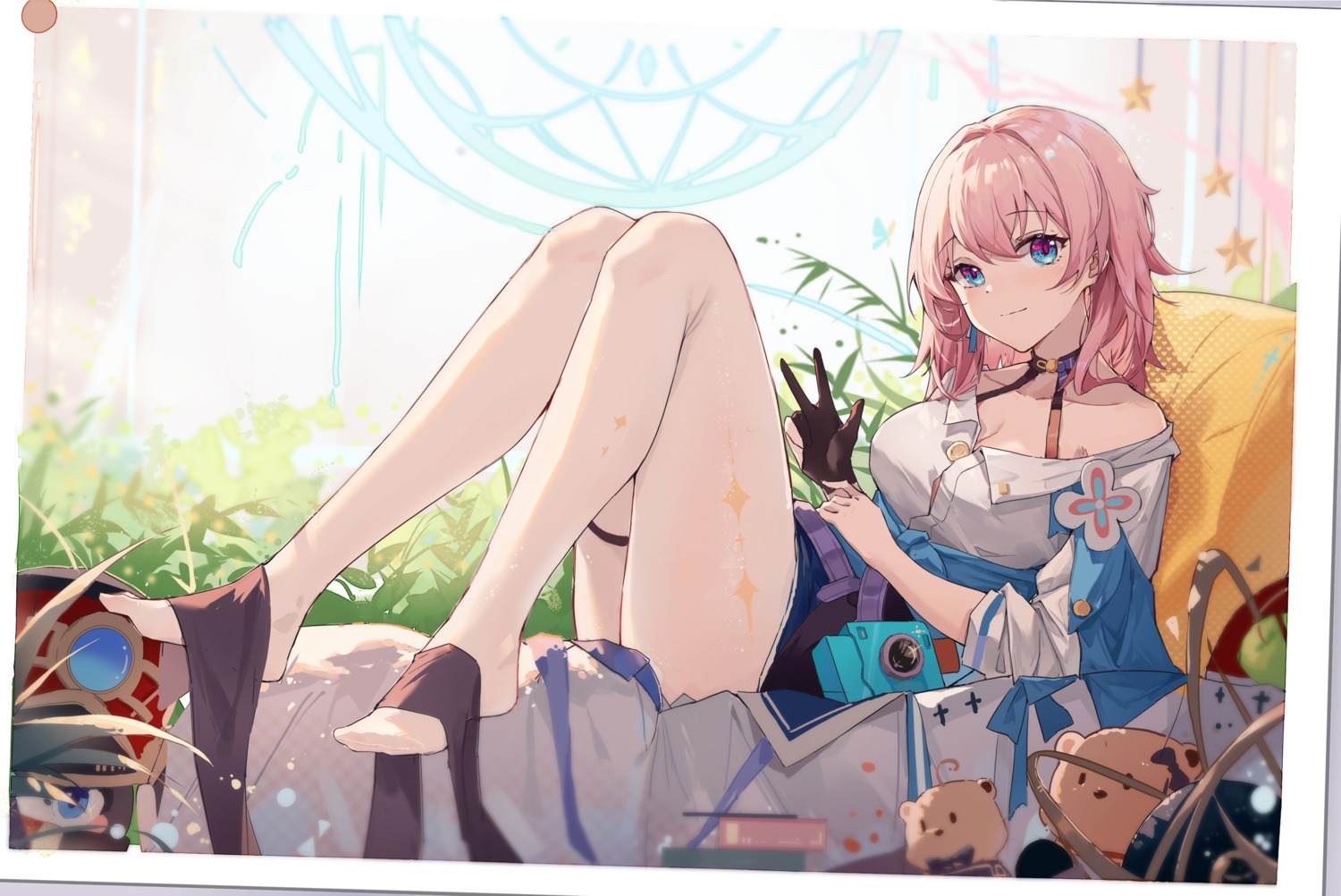 cleavage, feet, garter, honkai:_star_rail, march_7th, open_shirt, pantyhose, pom-pom_(honkai:_star_rail), skirt_lift, yajuu