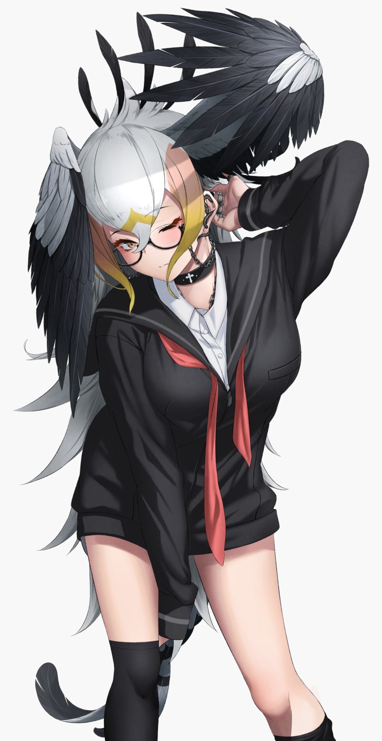 deku_suke, kemono_friends, megane, secretarybird, seifuku, sweater, thighhighs, wings