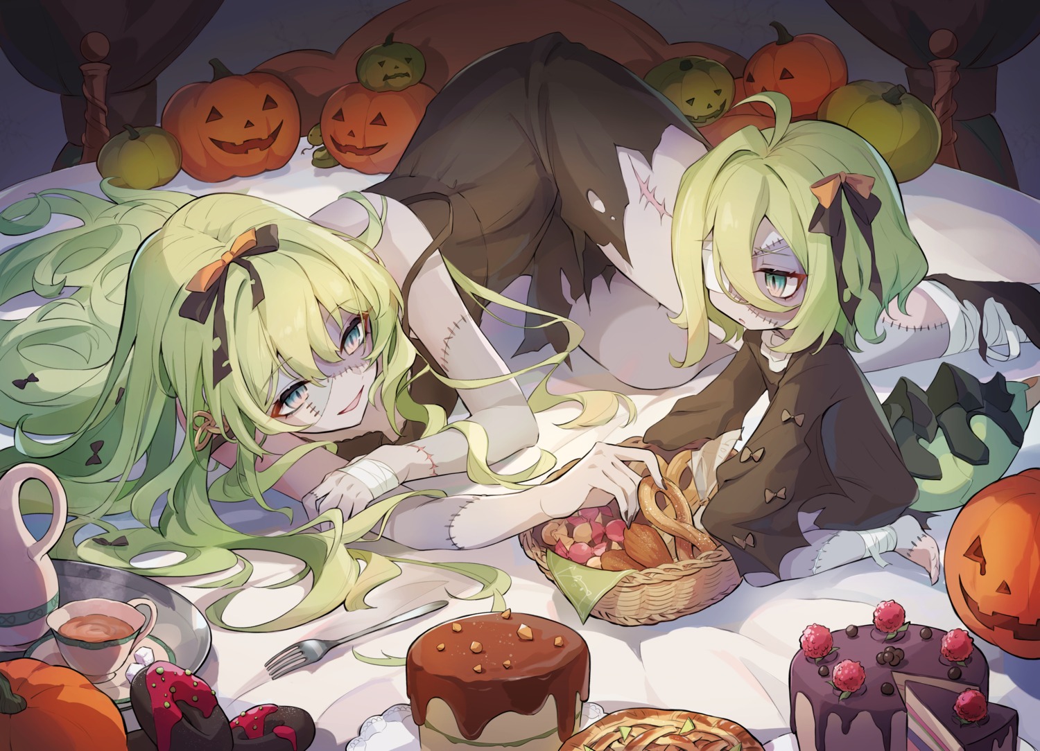 bandages, dress, eyepatch, halloween, nasubi_(1ra1ri1ko2cho1mi2na), torn_clothes