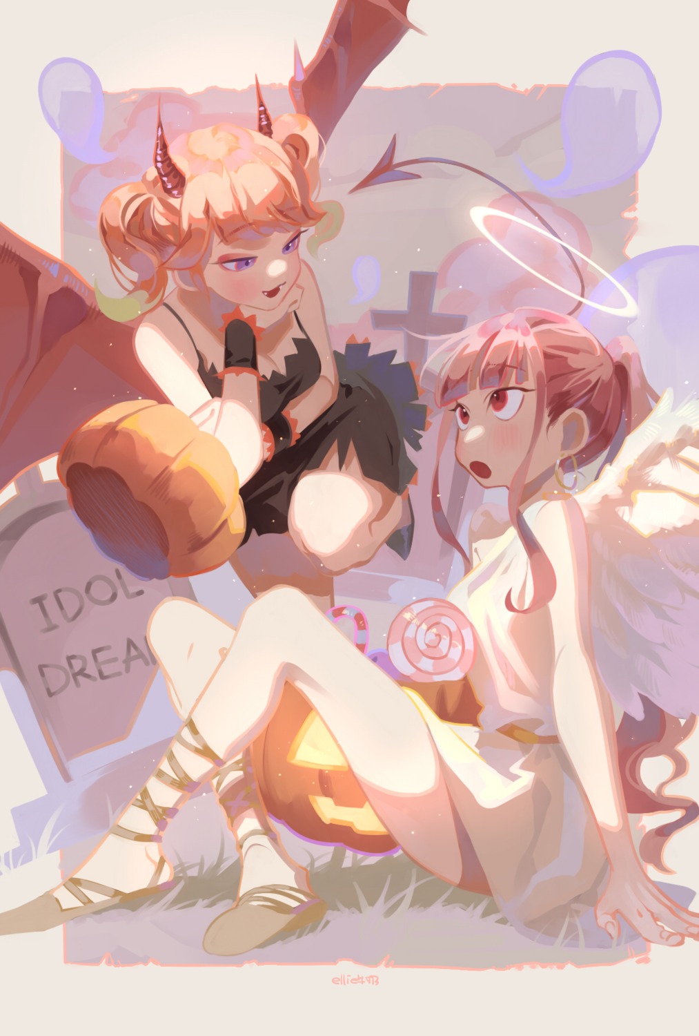 angel, breast_hold, devil, dress, ellie_niunai_zhuyi_zhe, halloween, hololive, hololive_english, horns, mori_calliope, skirt_lift, tail, takanashi_kiara, wings