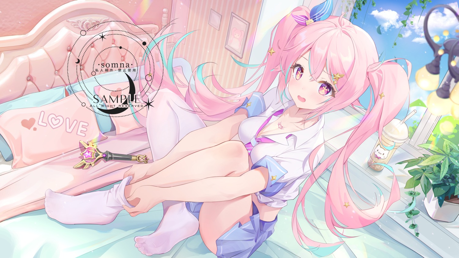 cleavage, feet, open_shirt, sample, seifuku, skirt_lift, somna, thighhighs