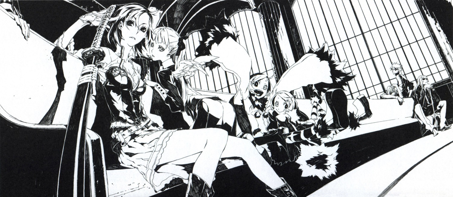 badou_nails, bishop_(dogs), dogs, fuyumine_naoto, haine_rammsteiner, heterochromia, luki, miwa_shirow, monochrome, nill, noki, sword, wings
