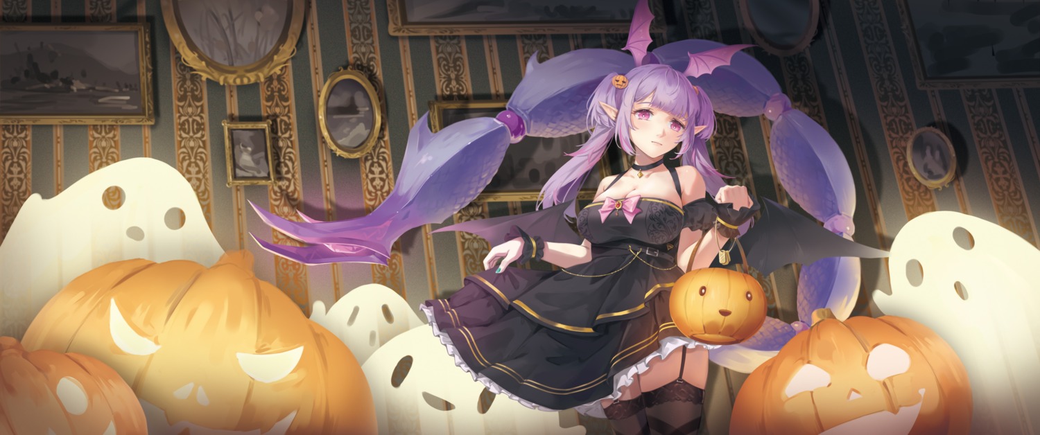 arknights, dress, halloween, manticore_(arknights), pointy_ears, skirt_lift, stockings, thighhighs