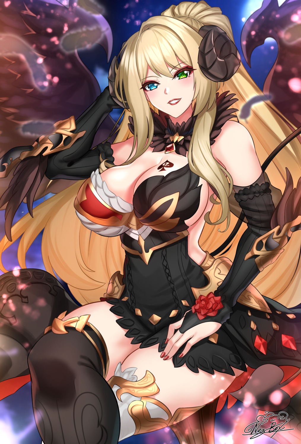 armor, devil, dress, horns, nez-box, no_bra, tail, thighhighs