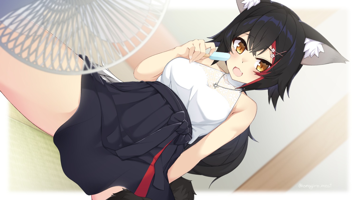 animal_ears, hololive, hololive_gamers, ookami_mio, otaku_heishi, see_through, skirt_lift, tail