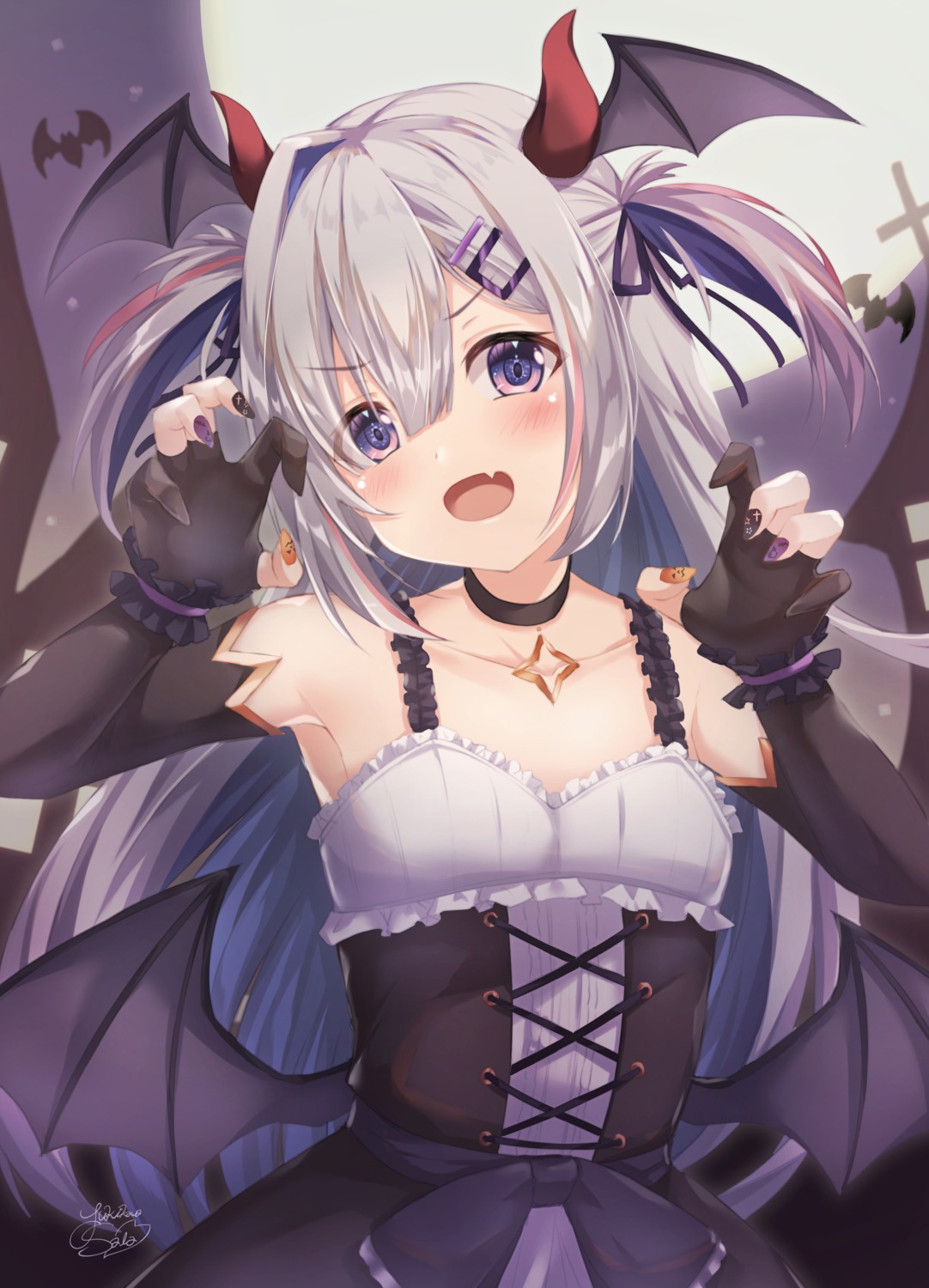 amane_kanata, dress, halloween, hololive, horns, wings, yukikawa_sara