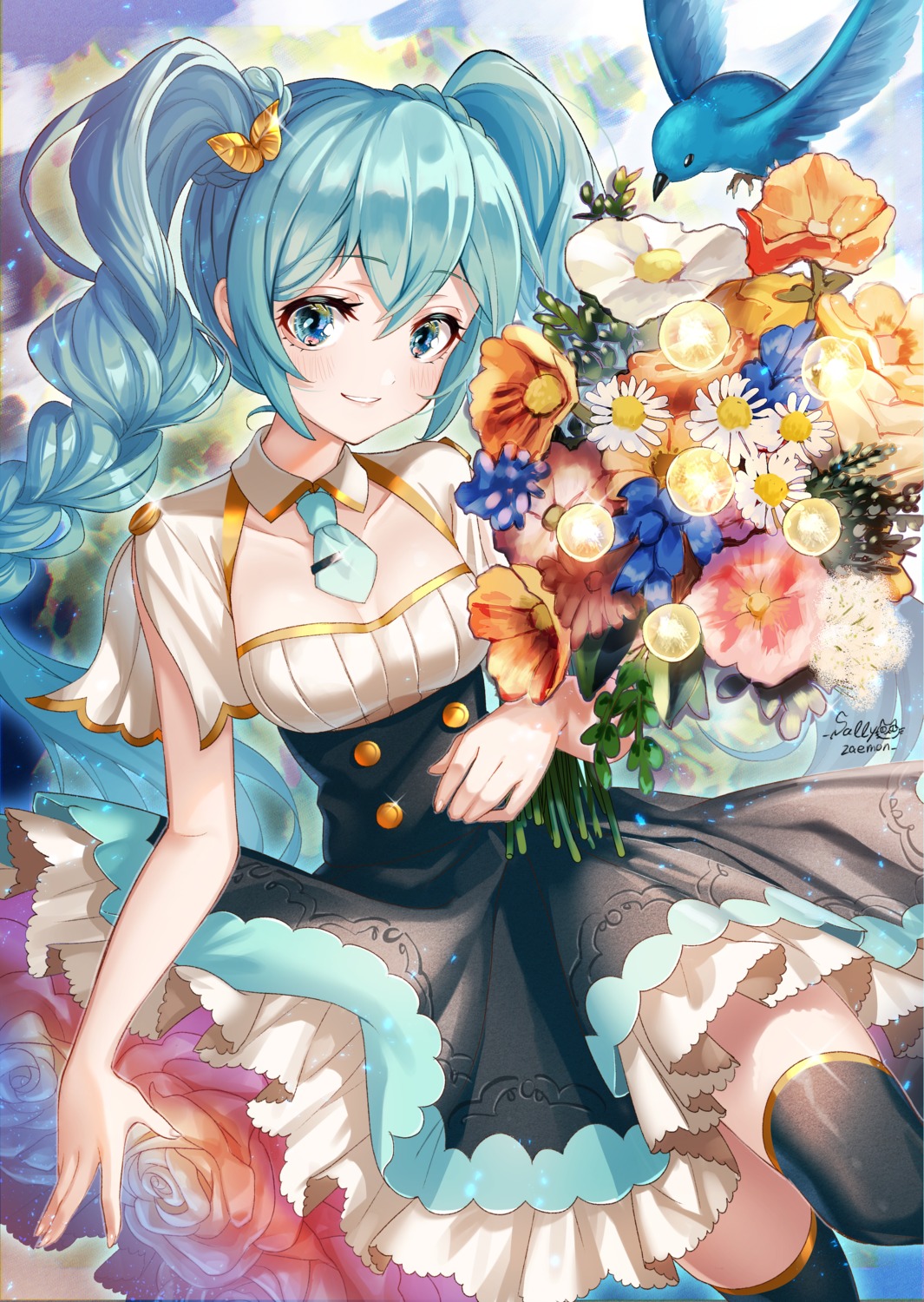 cleavage, hatsune_miku, sallyzaemon, skirt_lift, thighhighs, vocaloid