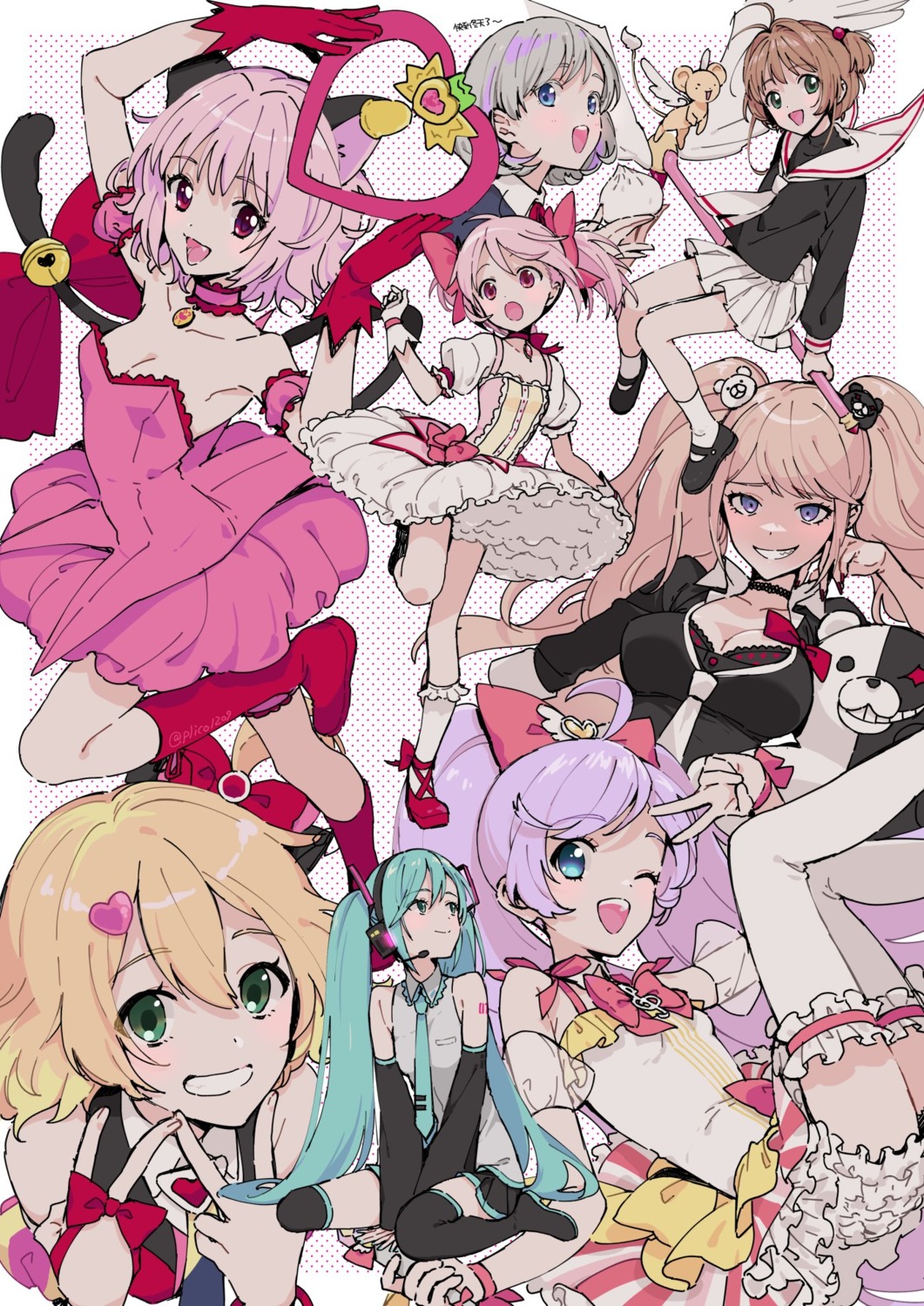 animal_ears, bra, card_captor_sakura, cleavage, crossover, dangan-ronpa, dress, enoshima_junko