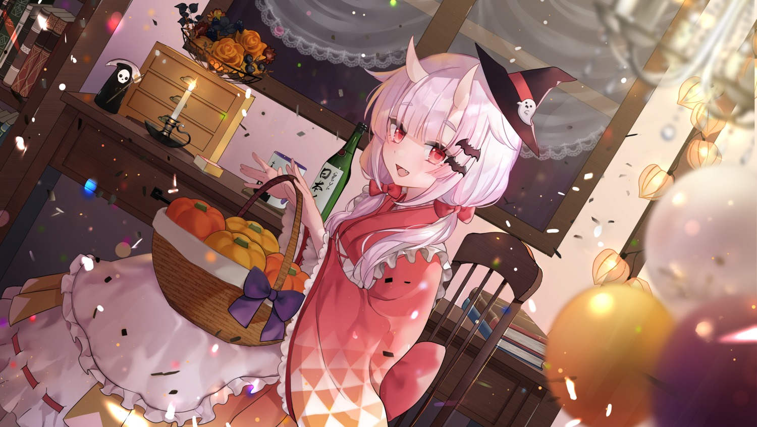 halloween, horns, maid, piyo_(sqn2idm751), sake, wa_maid