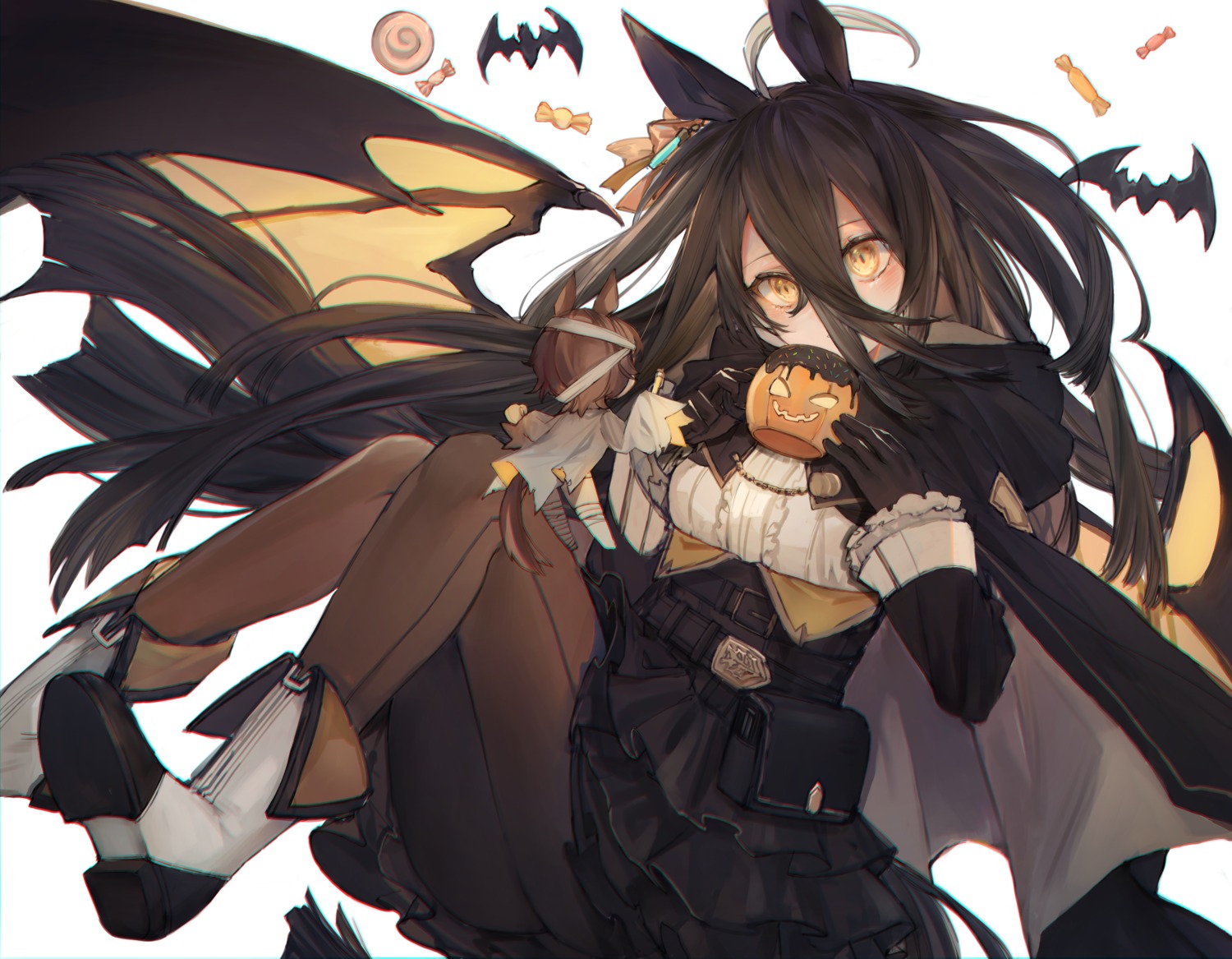 animal_ears, halloween, manhattan_cafe_(umamusume), pantyhose, ryuuji_teitoku, skirt_lift, uma_musume_pretty_derby, wings