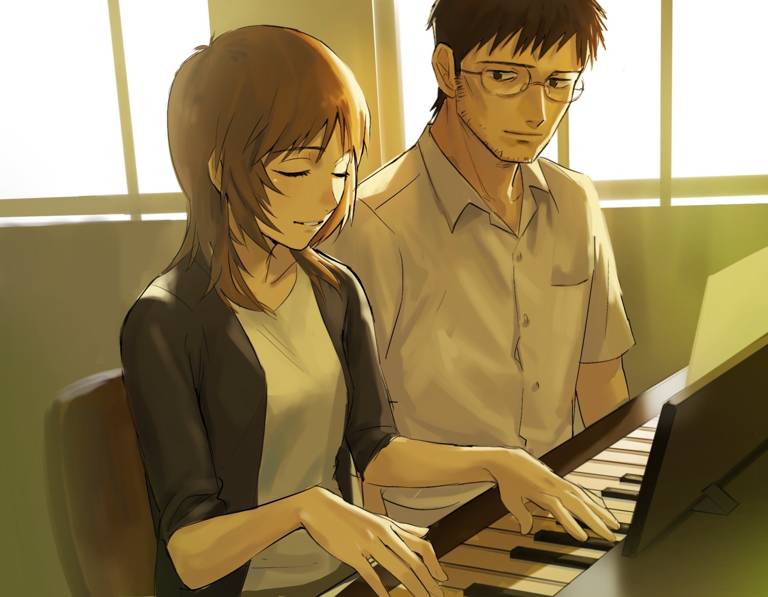 dress_shirt, ikari_gendou, ikari_yui, megane, neon_genesis_evangelion, rott_ur