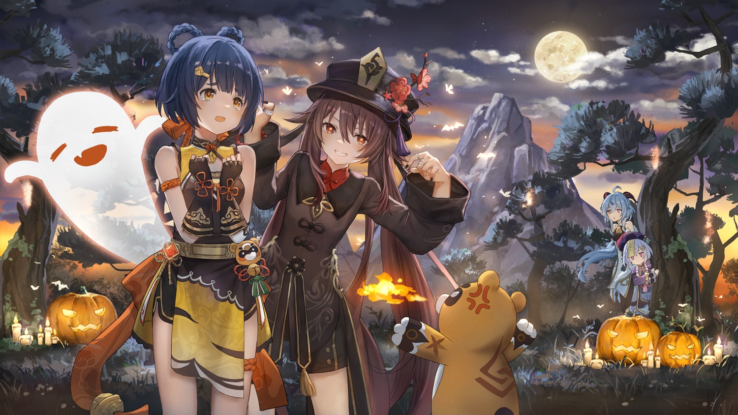 asian_clothes, catzz, ganyu, genshin_impact, guoba, halloween, horns, hu_tao