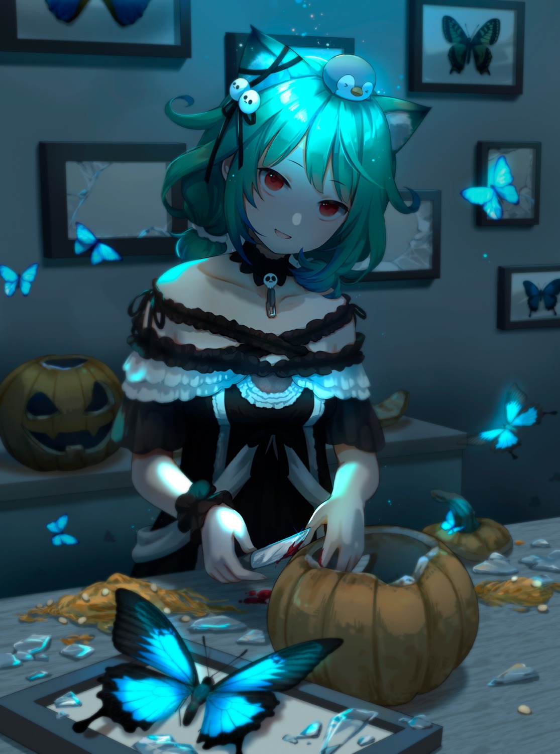 animal_ears, blood, dress, gothic_lolita, halloween, hololive, kamui_(kamuikaoru), lolita_fashion, nekomimi, uruha_rushia