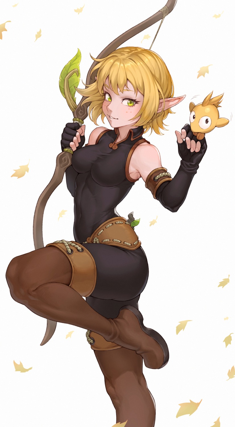 bodysuit, cheshirrr, evangelyne_(wakfu), pointy_ears, thighhighs, wakfu, weapon