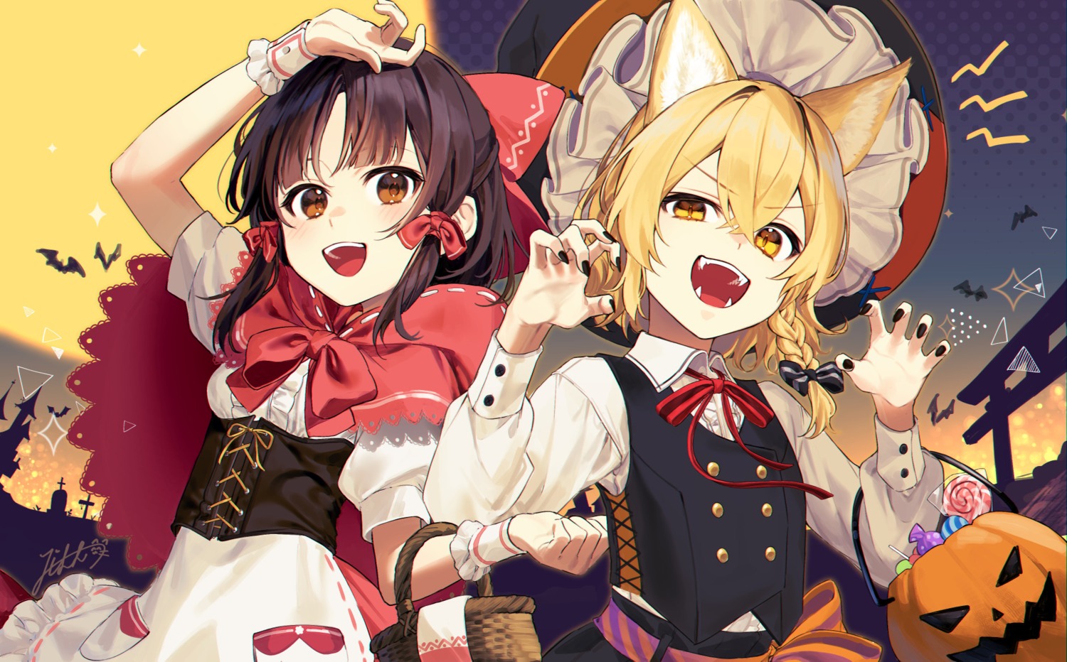 animal_ears, hakurei_reimu, halloween, jill_07km, kirisame_marisa, skirt_lift, touhou, witch