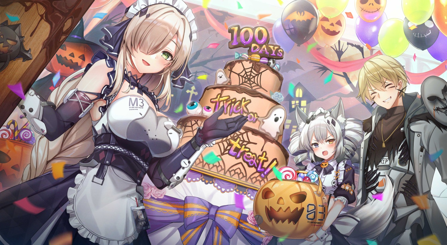 animal_ears, bianca_(punishing:_gray_raven), halloween, heterochromia, karenina_(punishing:_gray_raven), kaumi_(punishing:_gray_raven), maett, maid
