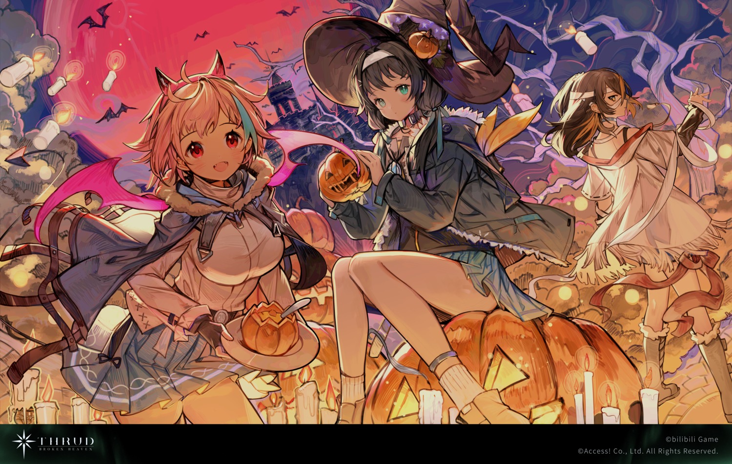 bandages, dress, halloween, horns, rosette_(yankaixuan), skirt_lift, tail, wings