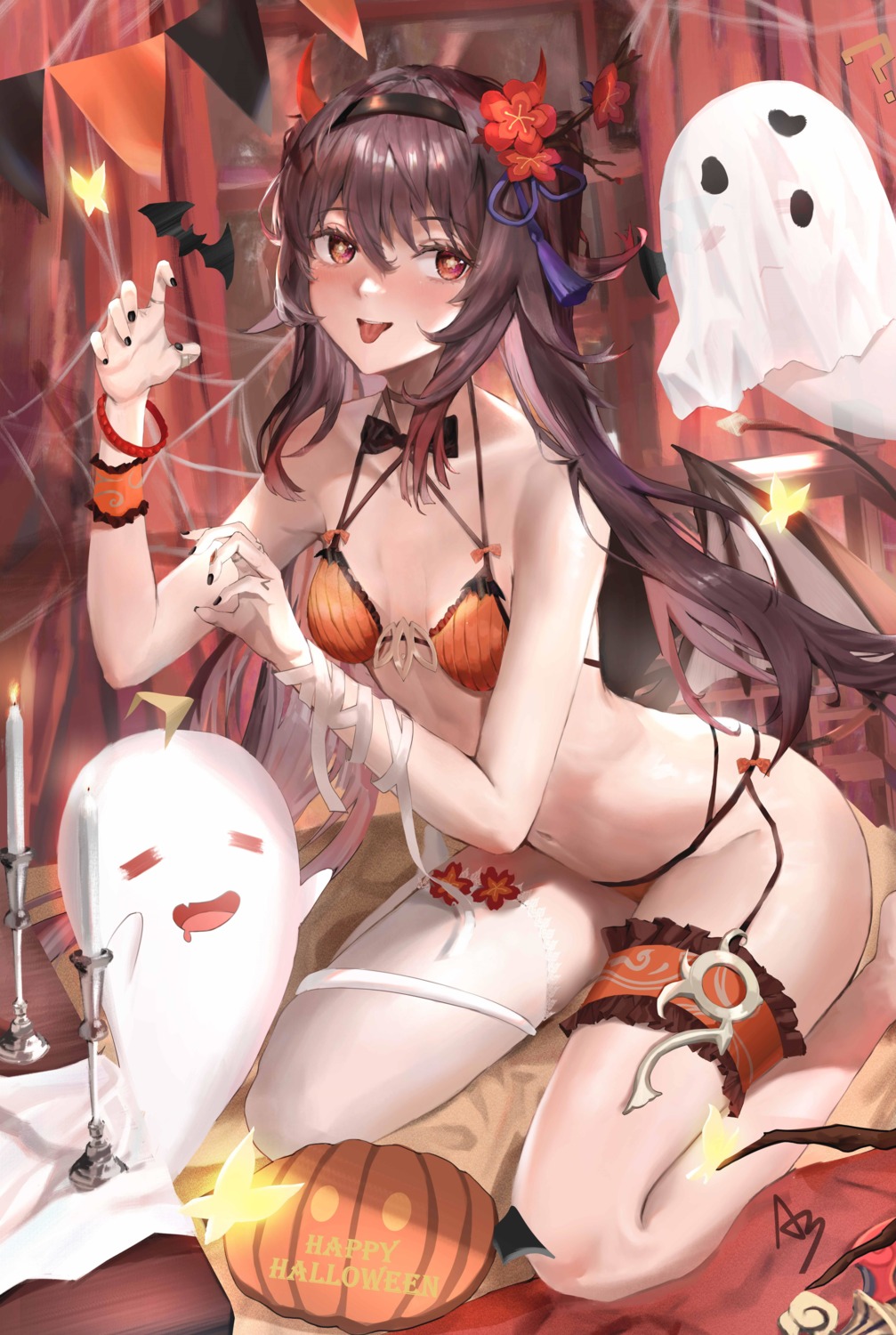 a-by, bra, garter, genshin_impact, halloween, horns, hu_tao, pantsu, tail, wings
