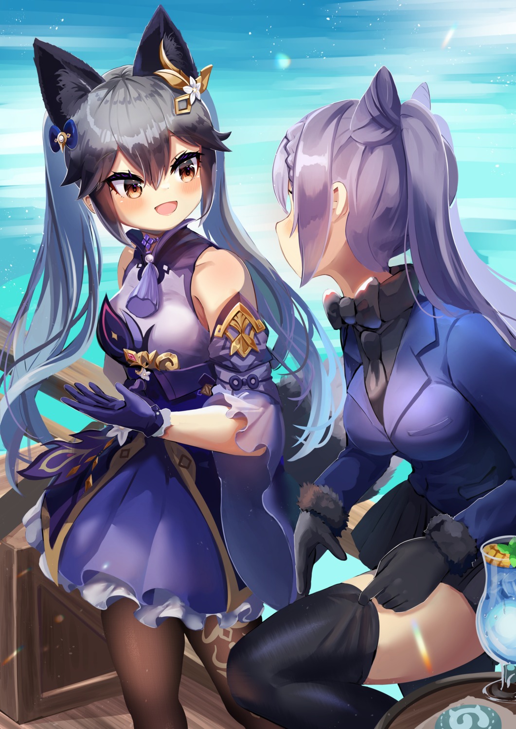 animal_ears, asian_clothes, cosplay, crossover, dragon_star2, genshin_impact, kemono_friends, keqing, kitsune, pantyhose, silver_fox, tail, thighhighs