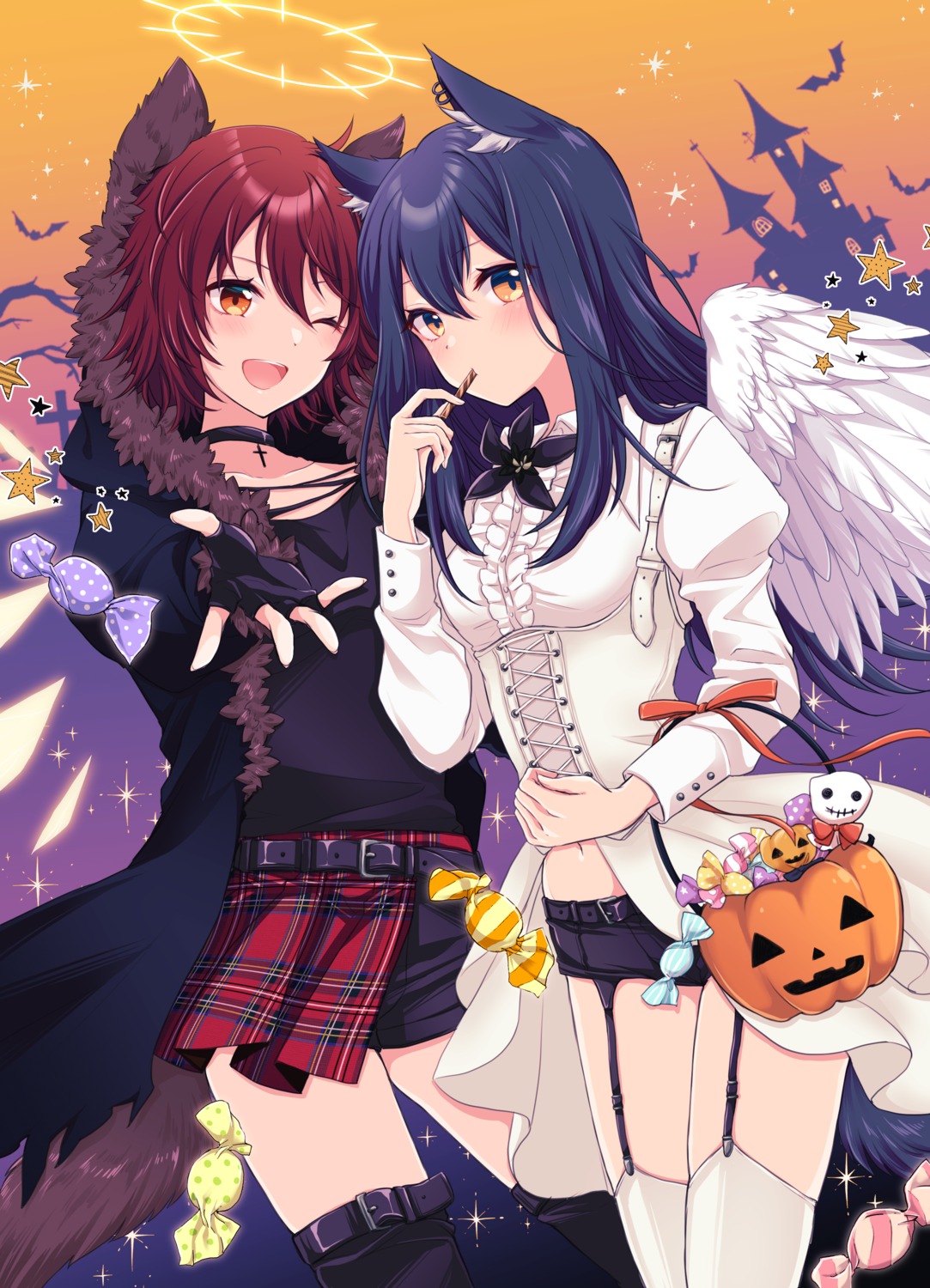 angel, animal_ears, arknights, chiwa_(chiwawanwan1206), exusiai_(arknights), garter, halloween, skirt_lift