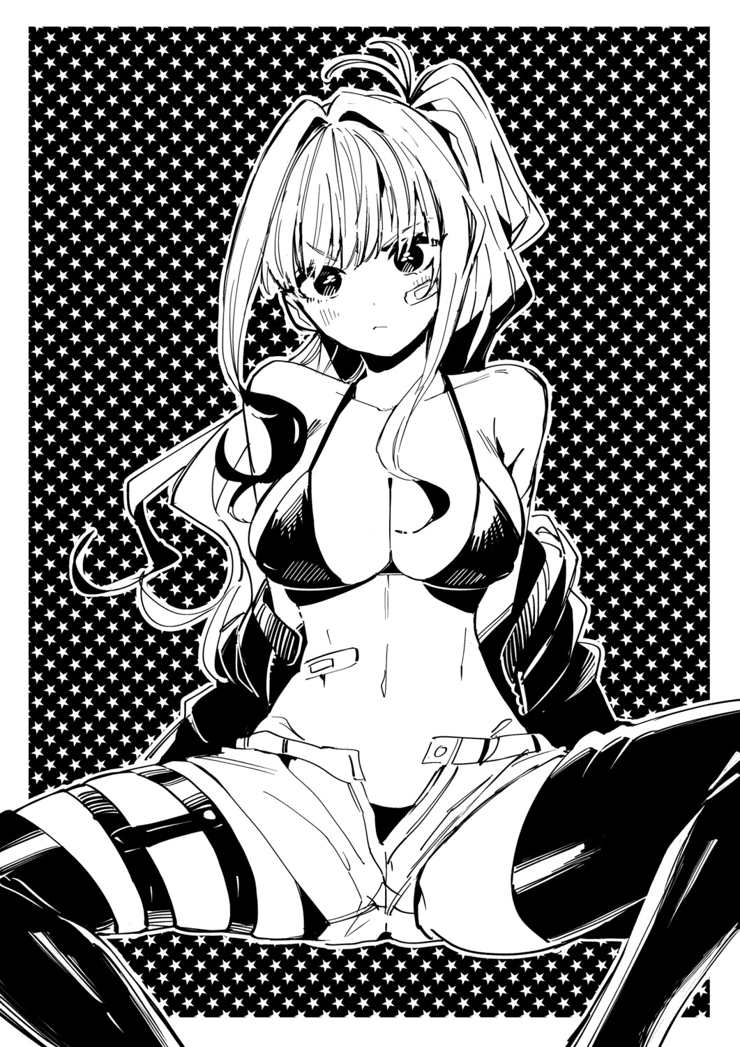 bandaid, bikini, garter, monochrome, nozawa_yukiko, open_shirt, swimsuits, thighhighs