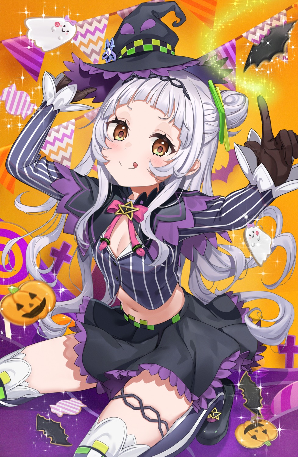 cleavage, garter, halloween, hatsuno_xxx, hololive, murasaki_shion, skirt_lift, thighhighs