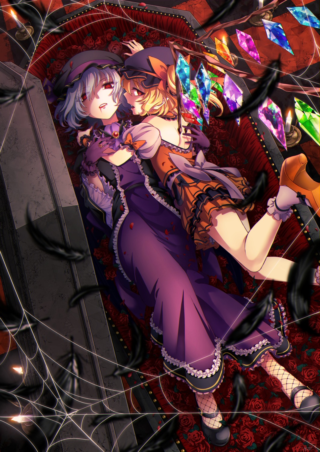 blood, fishnets, flandre_scarlet, heels, karasaki, no_bra, pointy_ears, remilia_scarlet, touhou, wings