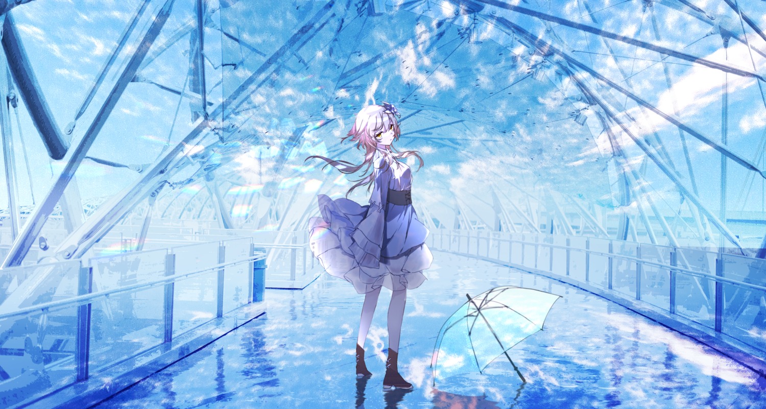 dress, genshin_impact, lumine, nido_(sebamaster), see_through, skirt_lift, umbrella