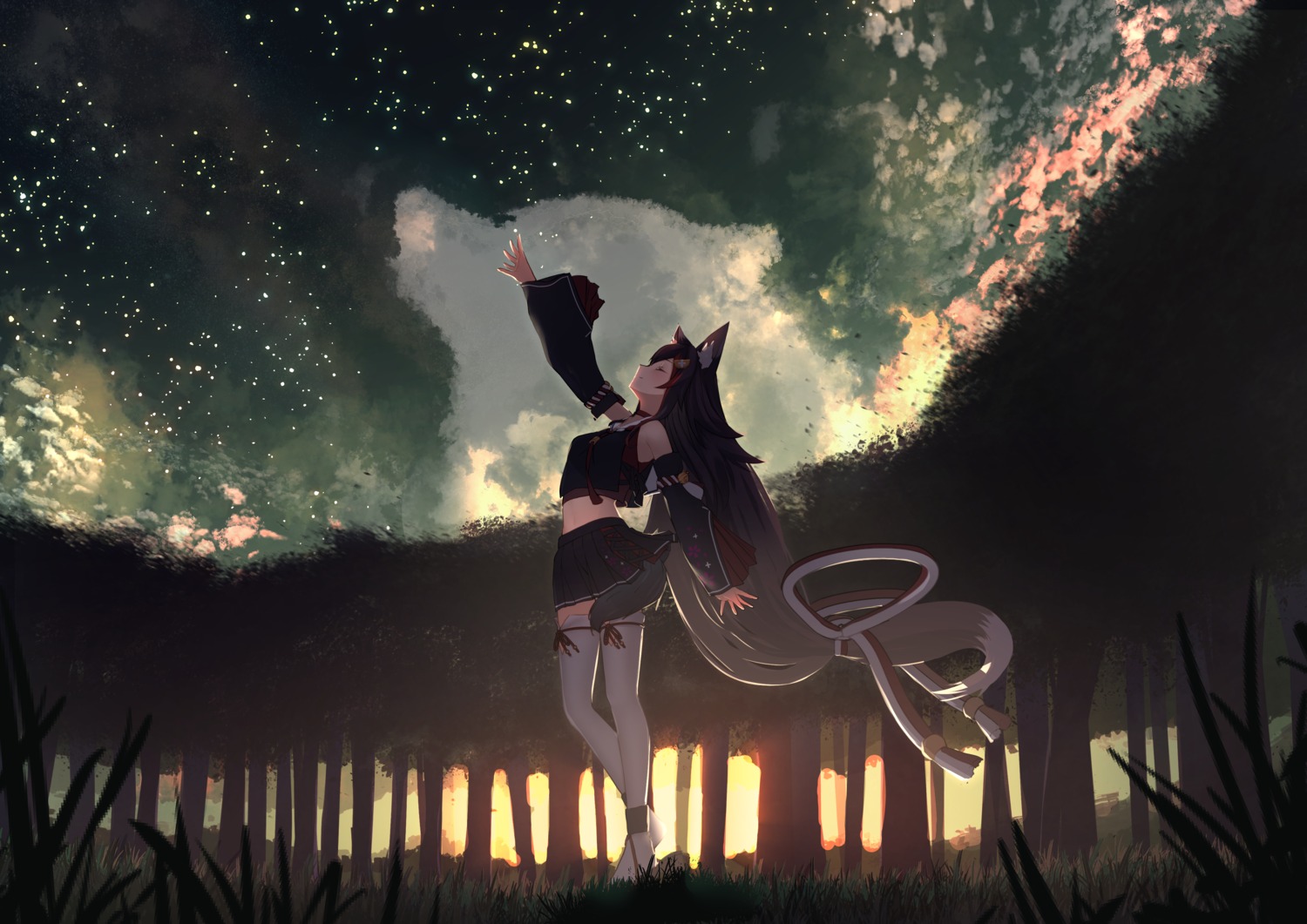 animal_ears, hololive, hololive_gamers, inaba_teitoku, ookami_mio, skirt_lift, tail, thighhighs