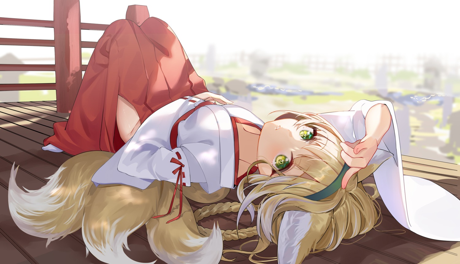 animal_ears, arknights, hongbaise_raw, kitsune, miko, suzuran_(arknights), tail