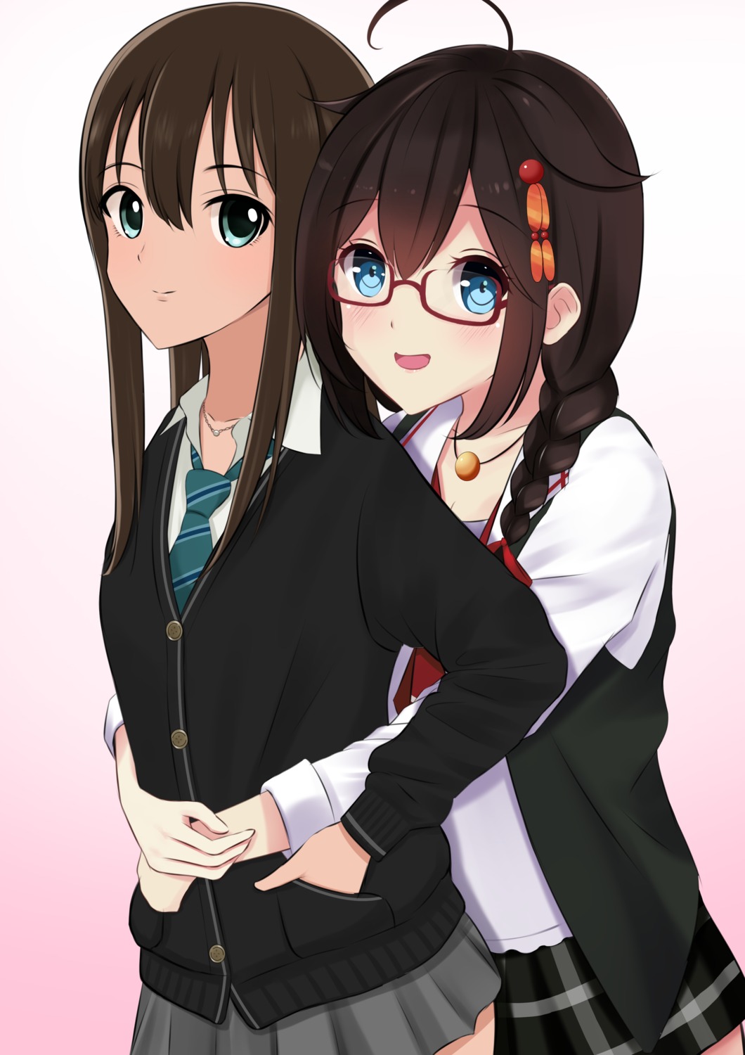 crossover, kantai_collection, megane, nokonoko, seifuku, shibuya_rin, shigure_(kancolle), sweater, the_idolm@ster, the_idolm@ster_cinderella_girls