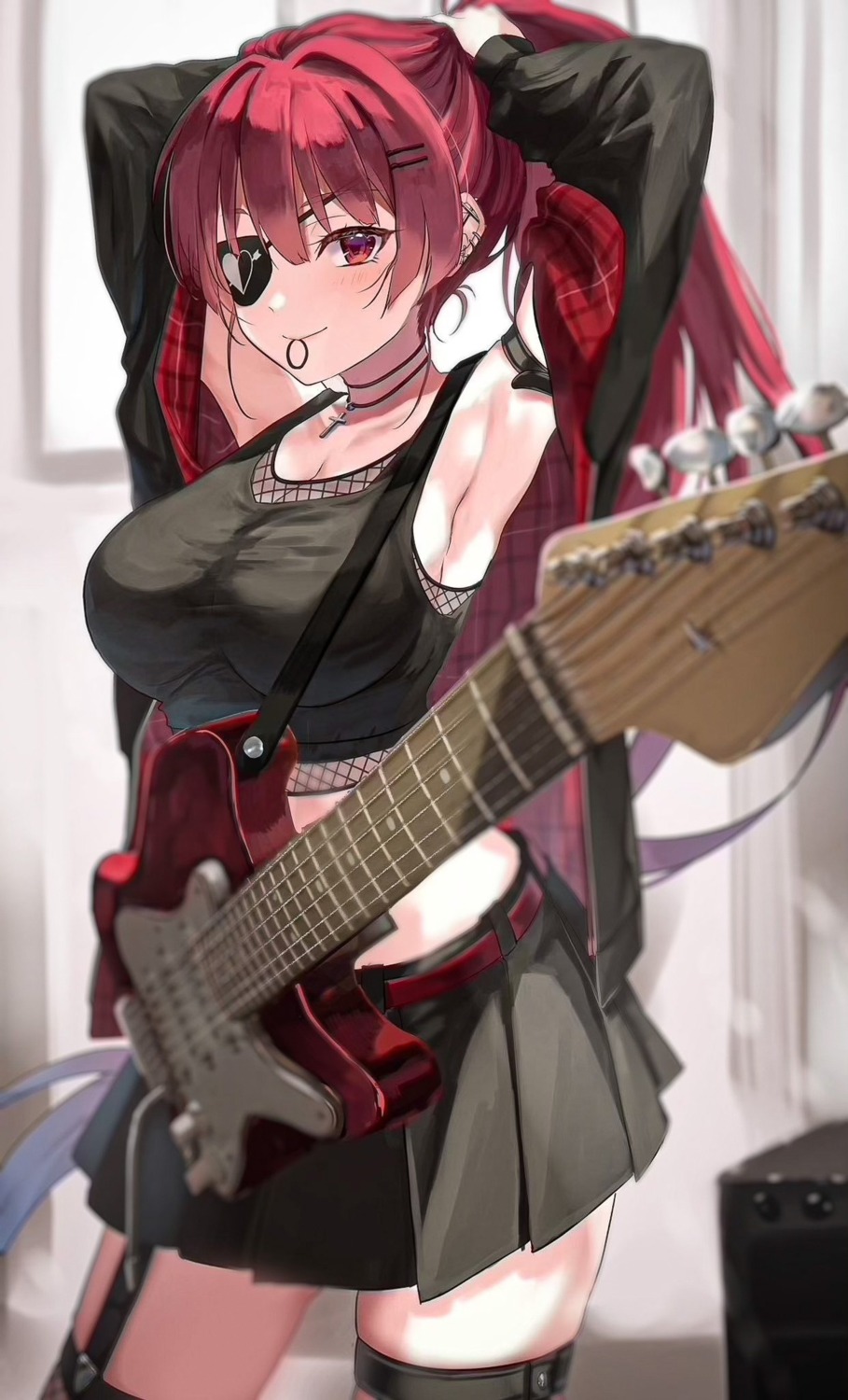 cleavage, eto_sister, eyepatch, fishnets, guitar, hololive, houshou_marine, stockings