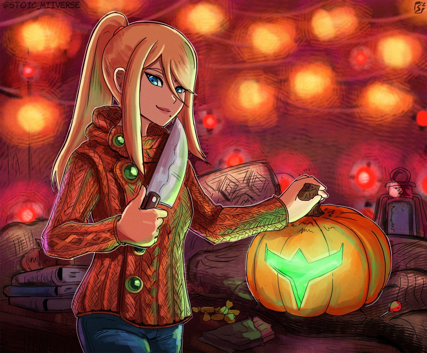 halloween, metroid, metroid_dread, samus_aran, stoic_seraphim, sweater, weapon
