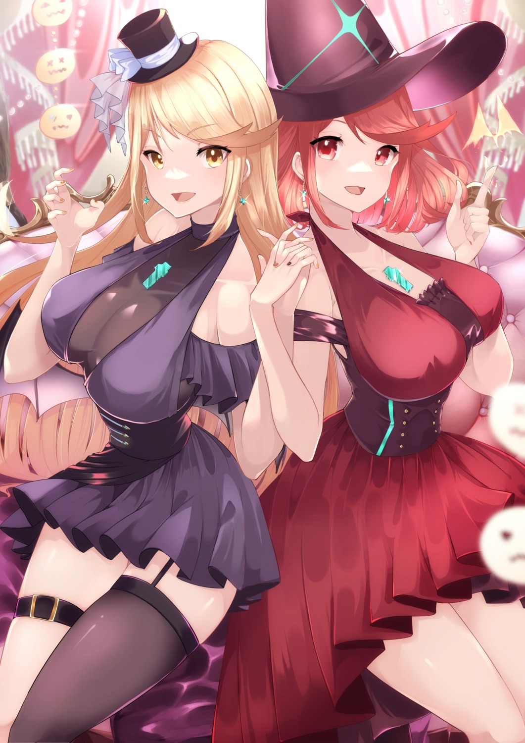 dress, garter, halloween, hikari_(xenoblade_2), homura_(xenoblade_2), risumi, stockings, thighhighs