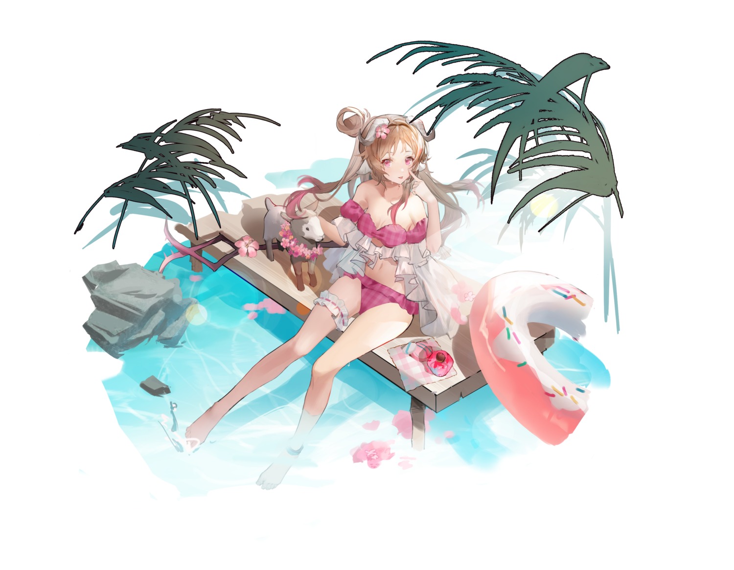 animal_ears, arknights, bikini, eyjafjalla_(arknights), garter, horns, open_shirt, swimsuits