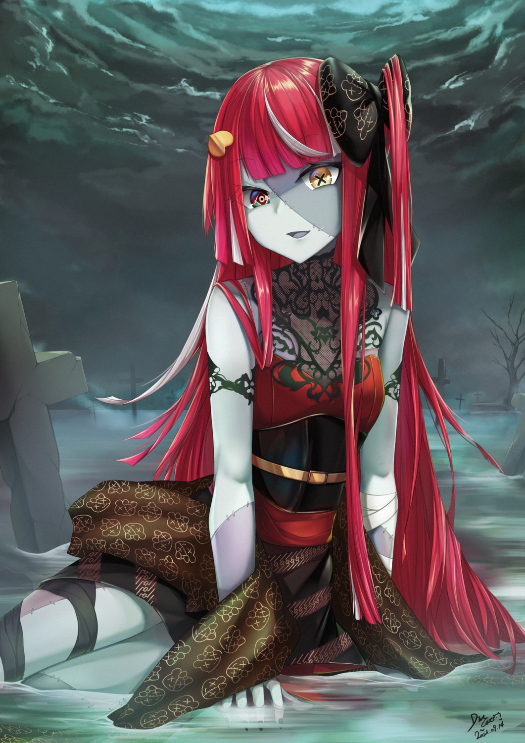 bandages, dincat, heterochromia, hololive, hololive_indonesia, japanese_clothes, kureiji_ollie, wet