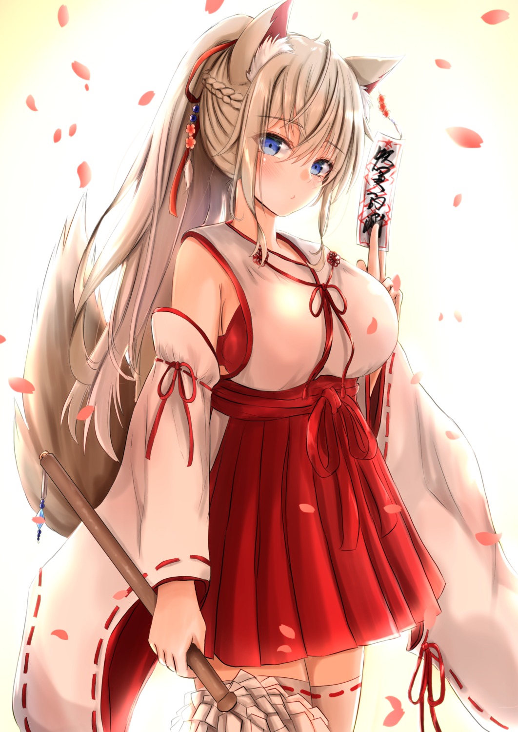 animal_ears, ayachanman, bra, miko, tail, thighhighs