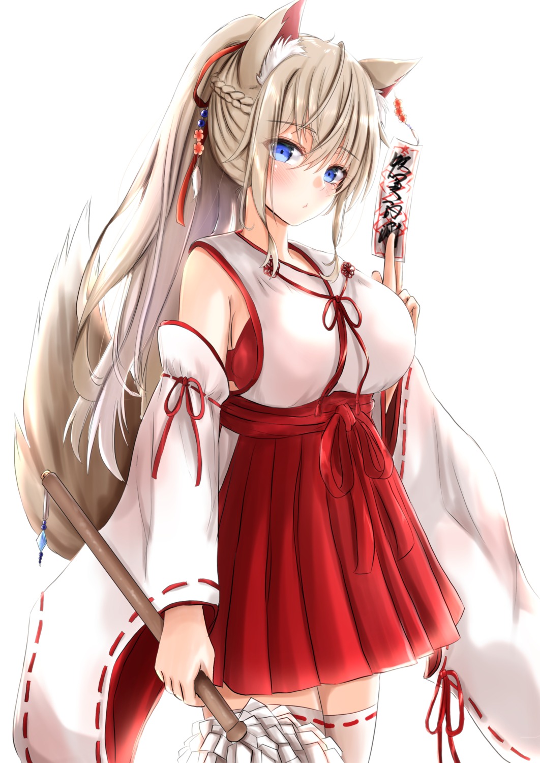 animal_ears, ayachanman, bra, miko, tail, thighhighs