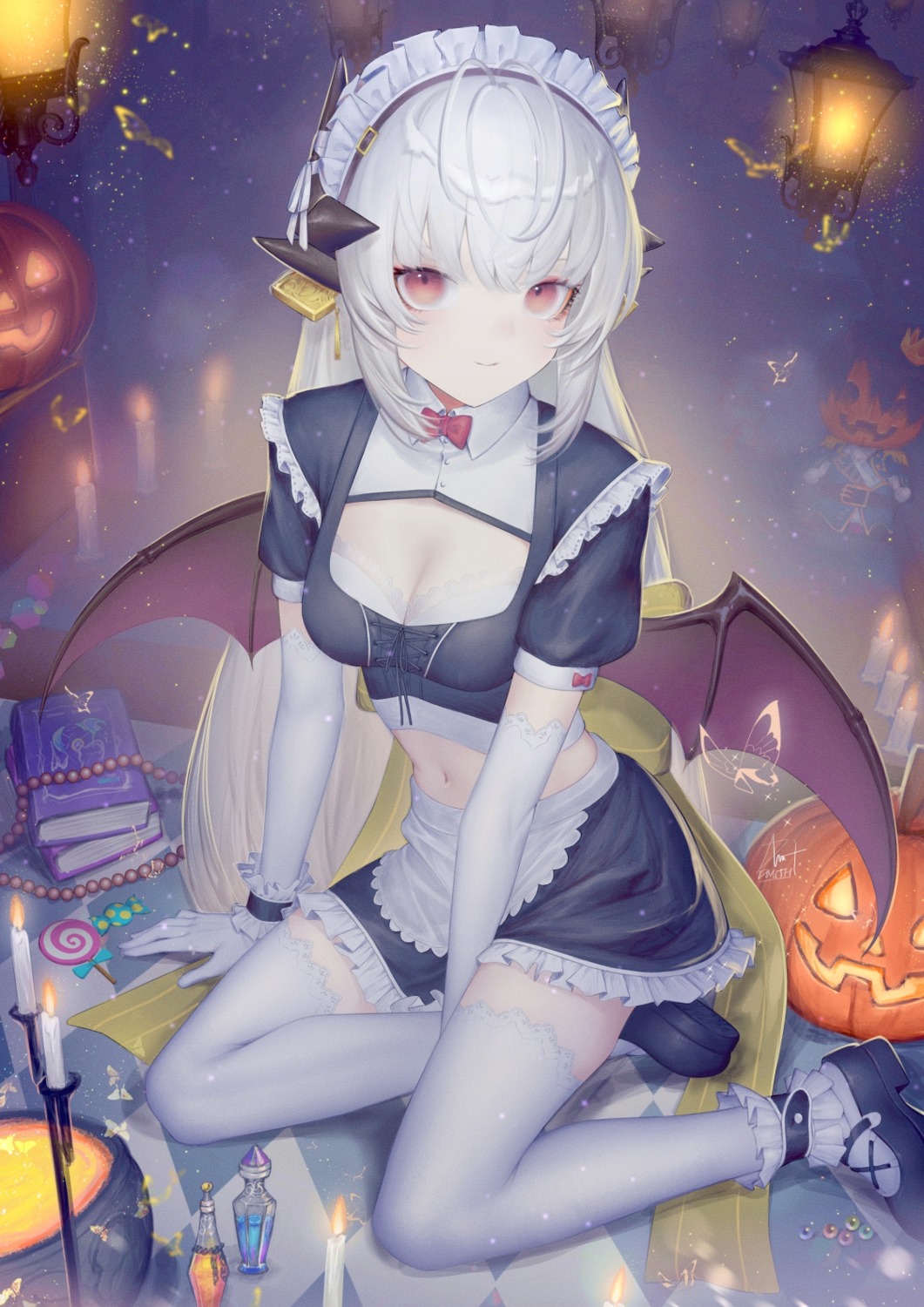 cleavage, dmith, fate/grand_order, halloween, horns, kiyohime_(fate), maid, thighhighs