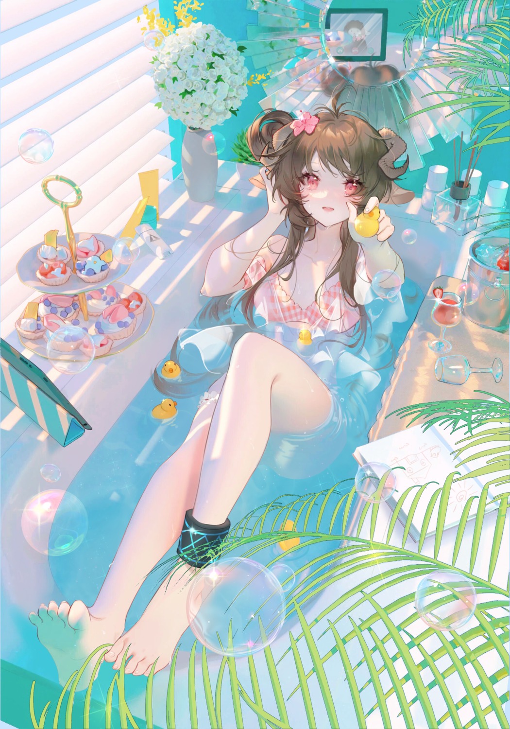 animal_ears, arknights, bathing, bikini, eyjafjalla_(arknights), feet, horns, open_shirt, softkittywarmkitty, swimsuits, wet