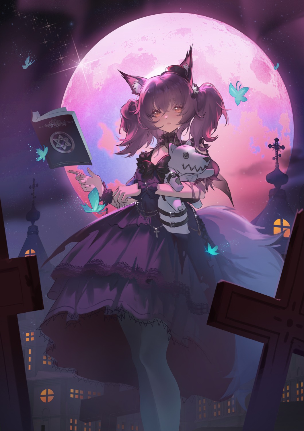 animal_ears, arknights, dress, gothic_lolita, lolita_fashion, shamare_(arknights), softkittywarmkitty, tail